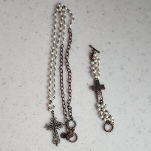 Pearl and Bronze Cross Necklace Set